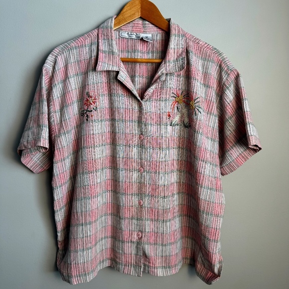 Keneth Too Women's 2X Crepe‎ Button Up Collared Camp Shirt Short Sleeve Resort - Picture 1 of 12